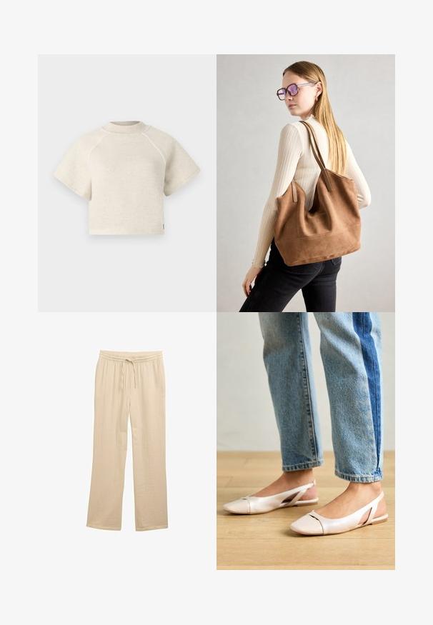 Lyhyet hihat, lyhytcropattu t-paita vaaleanbeigeistä kankaasta, jossa on hienovarainen rakenne. Varustettu ribatulla kaula-aukolla ja kontrastivärisillä ompeluteilla.; Beige leveled-hameet, joka on valmistettu tekstuuri-kankaasta ja jossa on elastinen vyötärö, jossa on kiristysnauha säädettävää istuvuutta varten.; Vaaleanpunaiset slingback-ballerinat, joissa on terävä kärki, valmistettu sileästä nahkamaisesta materiaalista. Sivujen leikkuuyksityiskohdat ja tasapohja.; Ruskea nubukkivuoriolaukku, jossa on pehmeä rakenne, tilava avaus ja pitkät hihnat. Ominaisuuksiin kuuluu yksinkertainen muotoilu näkyvine ompeleineen ja ilman metalliosia.