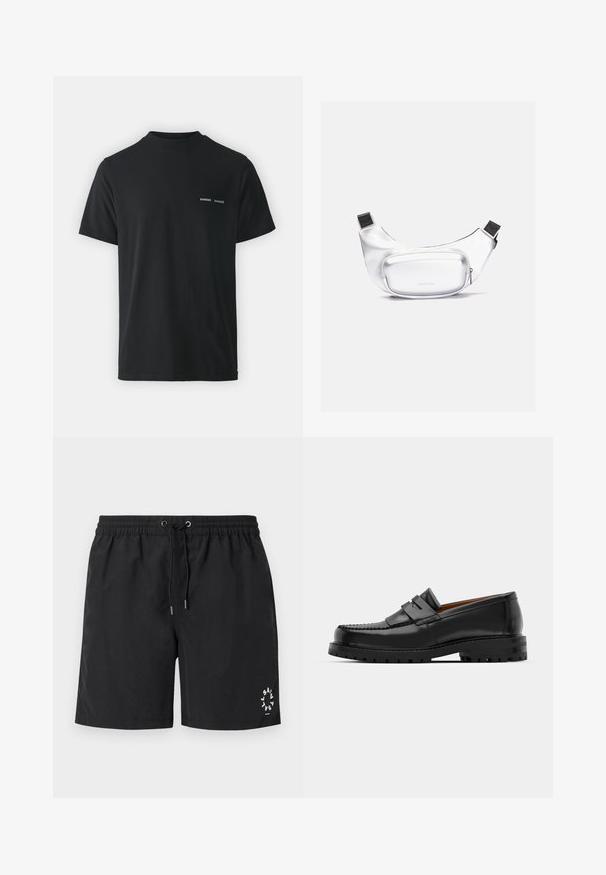 Camiseta de algodón negra con cuello redondo clásico, mangas cortas y dos pequeños logotipos blancos "SAMSØE" en el pecho izquierdo.; Bañador negro hecho de tejido ligero. Cintura elástica con cordón de ajuste y extremos con punta de plata. Logotipo impreso en blanco en la parte inferior izquierda.; Los mocasines de cuero negro presentan una costura elevada, dos correas decorativas en la parte superior y una suela gruesa y texturizada para mayor agarre.; Riñonera blanca hecha de un material liso y duradero. Presenta un bolsillo frontal prominente y redondeado con cierre de cremallera y una correa negra ajustable.