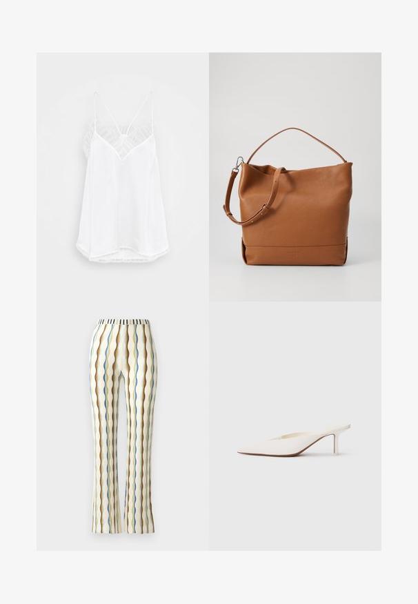 Camisole blanche avec un décolleté en V, des fines bretelles, des touches de dentelle texturée au niveau des épaules, et un ourlet courbé. Texture de tissu lisse.; Pantalons évasés en tissu texturé avec des rayures verticales bleues, brunes, vertes et jaunes, dotés d'une ceinture rayée.; Mule blanc à bout pointu avec un talon stiletto bas. Fabriqué en matériau lisse avec un design minimaliste et un subtil détail de semelle beige.; Sac à épaule en cuir tan avec une texture douce, doté d'une seule sangle ajustable et d'un design décontracté. Branding simple à l'avant.