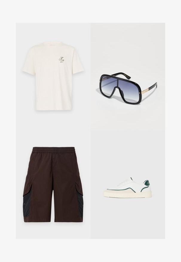 Filling Pieces TOPIARY UNISEX - T-shirts med print - antique white; Brune shorts med elastisk midjebånd, med svarte sidepaneler og glidelommer. Materialet ser lett ut med en glatt tekstur.; Hvite lave sneakers med grønn kant, beige semsket skinn-detaljer, og en kremfarget såle med mønstrete bunn.; Overdimensjonerte svarte solbriller med gradient lilla linser, glansfull finish og gullakenter på stilken. Rektangulær rammeform.