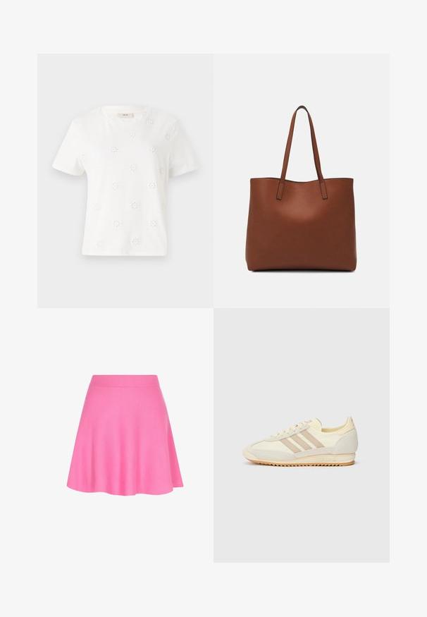 Bela bombažna majica s kratkimi rokavi, okrašena z vezenimi cvetličnimi motivi. Okrogla izreza, sproščen kroj in gladka tekstura.; Roza pletena krila z ajustiranim pasom in razširjenim dizajnom, izdelana iz mehkega blaga, ki dodaja gladko teksturo.; Kremna atletska teniska obutev z tremi bež črtami, usnjatom in tekstilnim materialom, teksturiranim podplatom ter embosiranim logotipom na peti.; Rjava usnjena torba z gladko teksturo, odprto zasnovo zgoraj in dvema naramnima trakovoma. Opremljena je z minimalnim šivanjem in brez vidnih kovinskih delov.