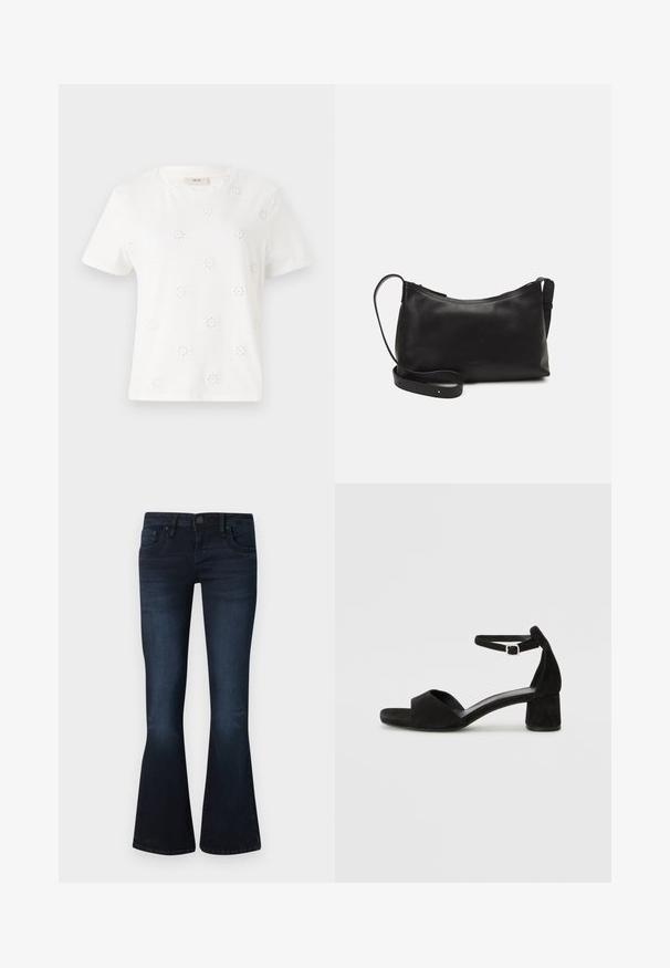 Bela bombažna majica s kratkimi rokavi, okrašena z vezenimi cvetličnimi motivi. Okrogla izreza, sproščen kroj in gladka tekstura.; Temno modri ženski bootcut kavbojke s sprednjim gumbom, petimi žepi in rahlim zbledeljem na stegnih in kolenih na enotni podlagi.; Črne zamshe sandale na peto z tankim trakom okoli gležnja, odprto konico in zmerno blok peto. Gladka tekstura in minimalni detajli.; Črna usnjena torba čez ramo z gladko teksturo, ukrivljeno obliko, nastavljivim trakom in zadrgo. Minimalističen dizajn brez okrasnih detajlov.