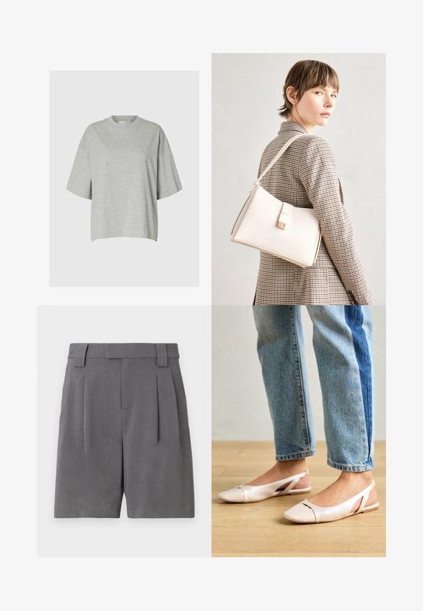 Hellgraues Baumwoll-T-Shirt mit kurzen, weiten Ärmeln und Rundhalsausschnitt. Weicher Stoff, lockere Passform, minimale Nähte.; Graue maßgeschneiderte Shorts aus einem fein strukturierten Stoff. Merkmale sind Vorderfalten, Gürtelschlaufen und Seitentaschen für einen strukturierten Look.; Blassrosa Slingback-Ballerinas mit spitzem Punkt, aus einem glatten, lederähnlichen Material. Mit Ausschnitten an den Seiten und einem flachen Absatz.; Weiße Lederhandtasche mit strukturiertem Design, ausgestattet mit einem Magnetverschluss und einem Schulterriemen, präsentiert vor einem neutralen Hintergrund.