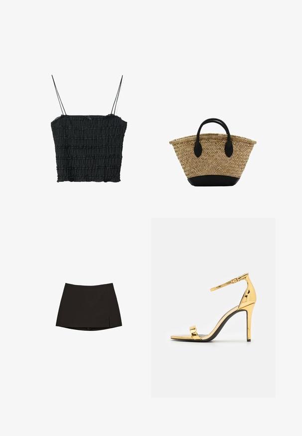 Schwarzes Crop-Top mit dünnen Trägern, das über ein strukturiertes, gerafftes Design verfügt. Hergestellt aus leichtem Stoff, hat es einen geraden Ausschnitt und eine enganliegende Form.; Schwarzer Minirock mit geradem Schnitt und einem leichten Schlitz an der Seite. Hergestellt aus glattem Stoff, mit einem sauberen Saum und minimalistischem Design.; Goldfarbene Lackleder-Peeptoe-Sandalen mit einem dünnen Knöchelriemen und einem eleganten Stiletto-Absatz. Glatte Oberfläche und minimalistisches Design.; Geflochtener Strohkorb mit einer ausgestellten Form, ausgestattet mit einem schwarzen Lederboden und -griffen. Strukturierte natürliche Fasern mit glatten schwarzen Akzenten.; Quadratische Cluse-Uhr mit weißem Zifferblatt, goldenen und silbernen Akzenten sowie einem Bicolor-Armband mit wechselnden goldenen und silbernen Gliedern.