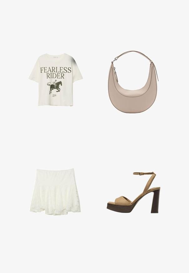Hvid t-shirt med sort tekst "FEARLESS RIDER" over en illustration af en hest og rytter og året "1918" nedenfor.; Stradivarius FITTING - A-snit nederdel - white; Beige ruskinds højhælede sandaler med en bred foranrem og ankelrem, der har en kraftig træblokhæls struktur.; Beige læder skuldertaske med en halvmåneform, glat overflade og et enkelt buet håndtag. Har en lynlåslukning og pæne syninger.