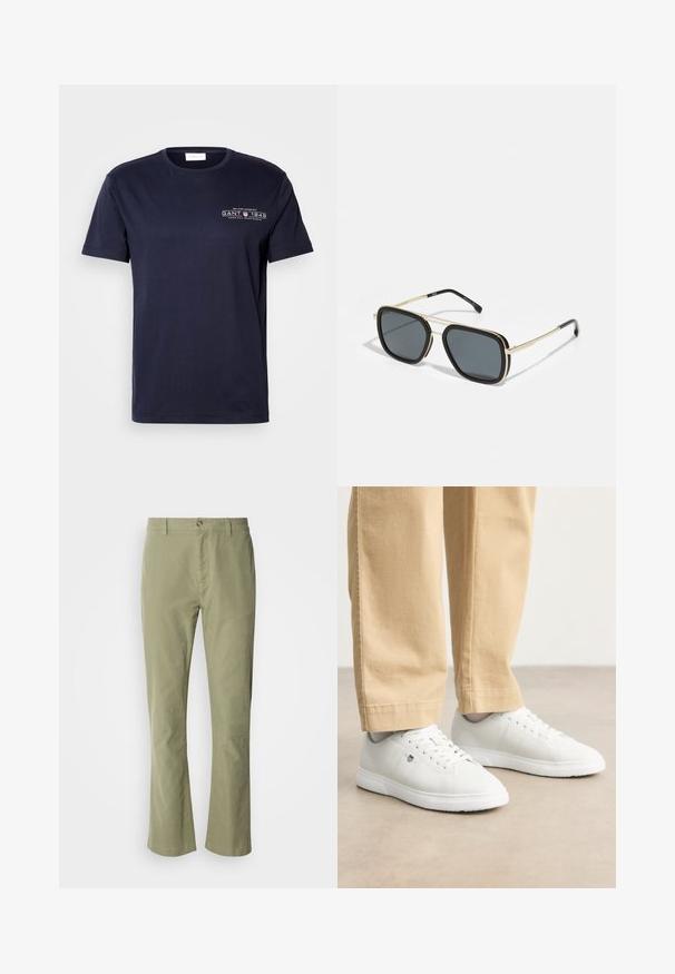 T-shirt en coton bleu marine avec col rond, manches courtes et impression frontale avec "GANT 1949" en blanc. Texture lisse, coupe classique.; Pantalon en coton vert clair avec une coupe droite, doté d'une fermeture à bouton à l'avant et d'une texture discrète. Aucun motif ou accent visible.; Baskets en cuir blanc avec une finition lisse, présentant un bout arrondi, un laçage, et un détail de logo subtil sur le côté, associées à un pantalon beige.; Lunettes de soleil noires et dorées avec une forme carrée, une monture métallique, des verres gris foncé et des embouts de branches noirs. Présente un design à double pont.