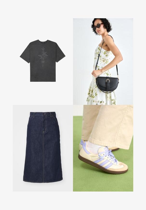 Dark gray oversized t-shirt made of cotton, featuring a central sun graphic with intricate line details printed on the front.; Dark denim skirt with a high waist, straight cut, front pockets, and stitched seams. Features a zip and button closure at the waist.; Cream and lavender sneakers with three stripes and a textured brown sole, featuring laces and a padded heel. Soft fabric upper.; Black leather handbag with a curved shape, detachable strap, and gold hardware. The bag features a flap with a buckle detail.