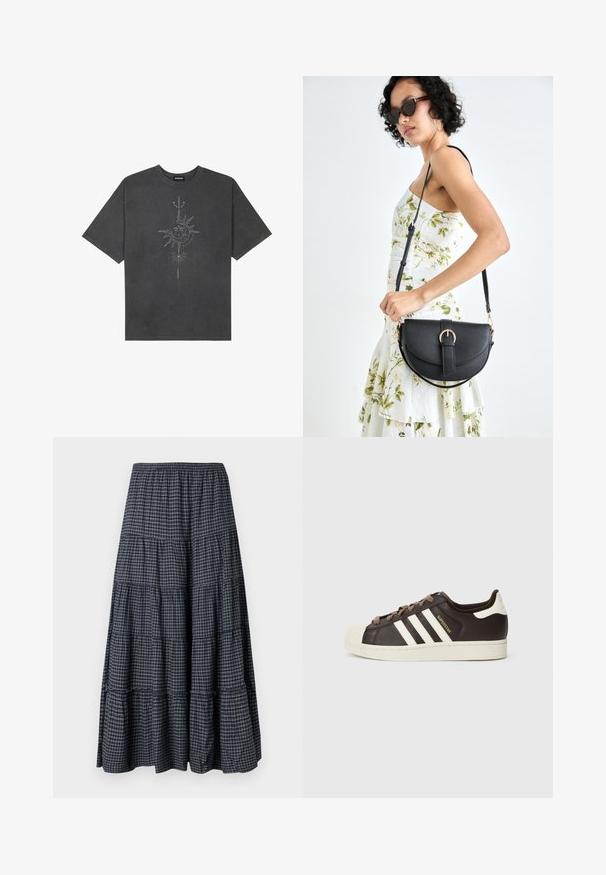 Tamno siva oversized majica od pamuka, s centralnom grafikom sunca s složenim linijskim detaljima ispisanim na prednjoj strani.; Slojevita maxi suknja u mornarsko plavoj kariranoj tkanini, s elastičnim pojasom, višeslojnim materijalom i mekanim, teksturiranim završetkom.; Niska Adidas Superstar tenisica od tamnobraon kože s krem školjkastim vrhom, bijelim prugama i natpisom "Superstar" sa strane.; Crna kožna torba s lukovitim oblikom, odvojivim remenom i zlatnim detaljima. Torba ima preklop s kopčom.