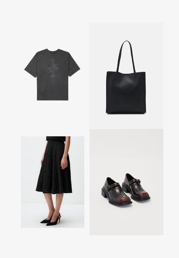 T-shirt oversize grigio scuro in cotone, con una grafica centrale di un sole con dettagli intricati stampati sul davanti.; Gonna midi nera con tessuto testurizzato, design svasato e vita liscia. Abbinata a scarpe con tacco a punta nere.; Scarpe in pelle con tacco a blocco, dal lucido finish bordeaux scuro, dotate di cinturino con fibbia e punta arrotondata. Suola testurizzata per una migliore aderenza.; Borsa tote in pelle nera con texture liscia, forma rettangolare e due manici lunghi. Nessun hardware o decorazione visibile.