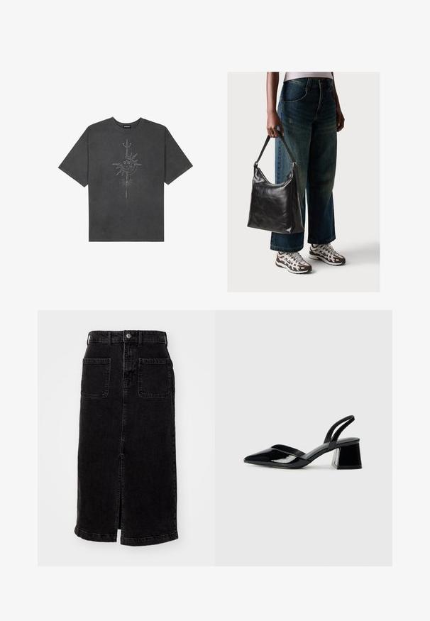 Σκοτεινό γκρι oversized μπλουζάκι φτιαγμένο από βαμβάκι, διαθέτοντας έναν κεντρικό γραφικό ήλιο με περίπλοκες λεπτομέρειες γραμμών εκτυπωμένες στο μπροστά μέρος.; Μαύρη τζιν μίντι φούστα με ίσια γραμμή, μπροστινή σχισμή και δύο πίσω τσέπες. Διαθέτει ζώνη με μεταλλικό κουμπί και βρόχους ζώνης.; Μαύρα πατεντέ δερμάτινα γοβάκια slingback με μυτερή μύτη και γεωμετρικό τακούνι. Έχουν κομψό, μινιμαλιστικό σχέδιο και λεία υφή.; Μαύρη δερμάτινη τσάντα ώμου με μαλακή υφή και ρυθμιζόμενο λουρί, συνδυασμένη με ξεθωριασμένα φαρδιά τζιν και αθλητικά sneakers.