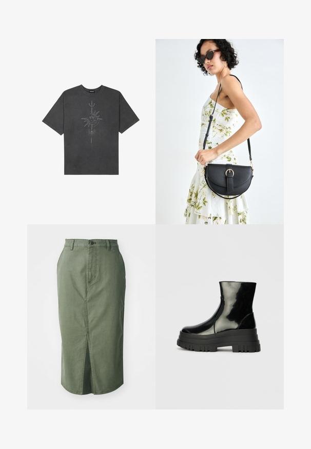 Tmavě šedé oversized tričko vyrobené z bavlny, s centrálním slunečním grafickým motivem s propracovanými liniemi potištěným na přední straně.; Olivově zelená denimová sukně s polovičním střihem, předním rozparkem, tradičním pasem s knoflíkovým zapínáním a vyšitými detaily podél švů.; Černá lesklá kotníková bota s robustní podrážkou a zaoblenou špičkou, boční pohled na jednolitém světle šedém pozadí.; Černá kožená kabelka s křivkovým tvarem, odnímatelným popruhem a zlatými detaily. Kabelka má klopu s přezkou.