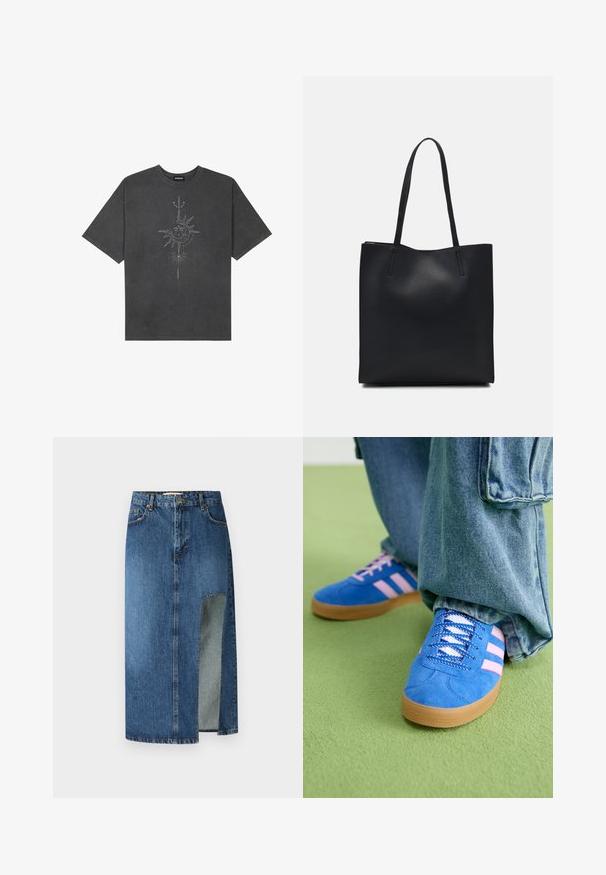Temno siva oversize majica iz bombaža, z centralno grafiko sonca z zapletenimi črtnimi podrobnostmi natisnjenimi spredaj.; Denim krilo v srednje modri barvi s ravnim krojem in stransko režo. Ima klasičen dizajn s petimi žepi in zanko za pas, z vidnim šivanjem.; Modri semiš čevlji z rožnatimi črtami in belimi vezalkami, z gumijastim podplatom, v kombinaciji z ohlapnimi jeans hlačami na zeleni površini.; Črna usnjena torba s svilnato teksturo, pravokotne oblike in dvema dolgima ročajema. Brez vidnih metalnih delov ali okrasnih elementov.