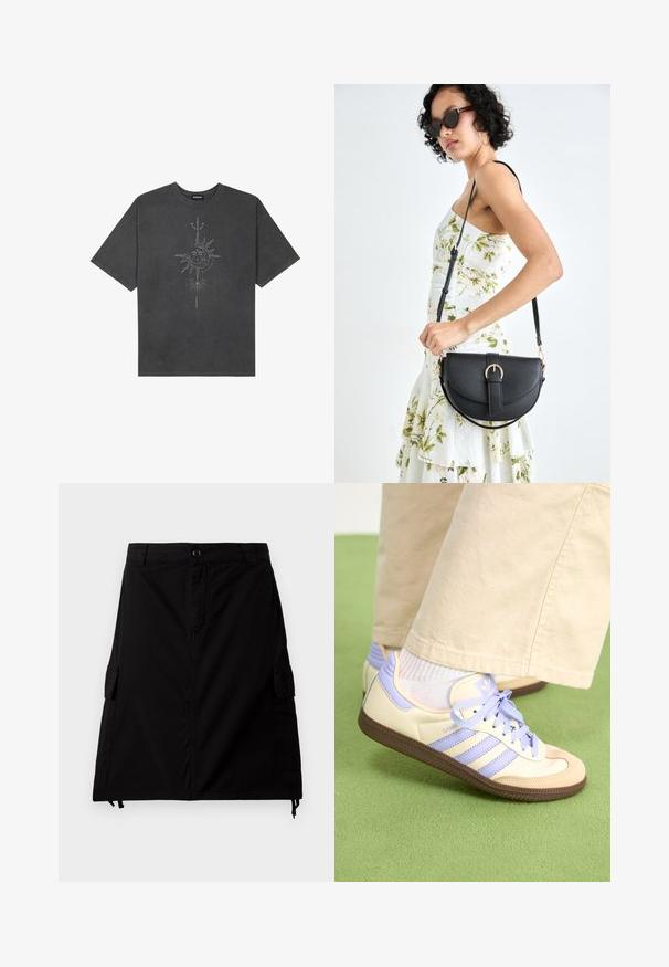 Mørkegrå oversized t-skjorte laget av bomull, med et sentralt solmotiv med intrikate linjedetaljer trykket på forsiden.; Svart cargo skjørt laget av bomullsblandingsstoff med rett snitt, har sidelommer, frontlukking med knapper og justerbar snøring i kanten.; Kremfargede og lavendelfargede joggesko med tre striper og en teksturert brun såle, med lisser og en polstret hæl. Mykt stofføvre.; Svart lærveske med en buet form, avtagbar stropp og gullbeslag. Vesken har et klaff med spenne-detall.