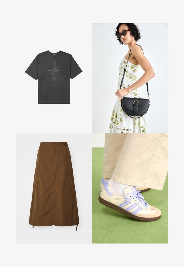 Dunkelgraues, oversized T-Shirt aus Baumwolle, das auf der Vorderseite mit einem zentralen Sonnenmotiv und komplexen Liniendetails bedruckt ist.; Brauner, knöchellanger Rock aus strapazierfähigem Stoff. Verfügt über einen elastischen Bund, einen Knopfverschluss und seitliche Cargo-Taschen. Glatte Textur.; Cremefarbene und lavendelfarbene Sneakers mit drei Streifen und einer strukturierten braunen Sohle, ausgestattet mit Schnürsenkeln und einer gepolsterten Ferse. Obermaterial aus weichem Stoff.; Schwarze Lederhandtasche mit geschwungener Form, abnehmbarem Tragegurt und goldenen Beschlägen. Die Tasche verfügt über einen Deckel mit einer Schnallen-Details.