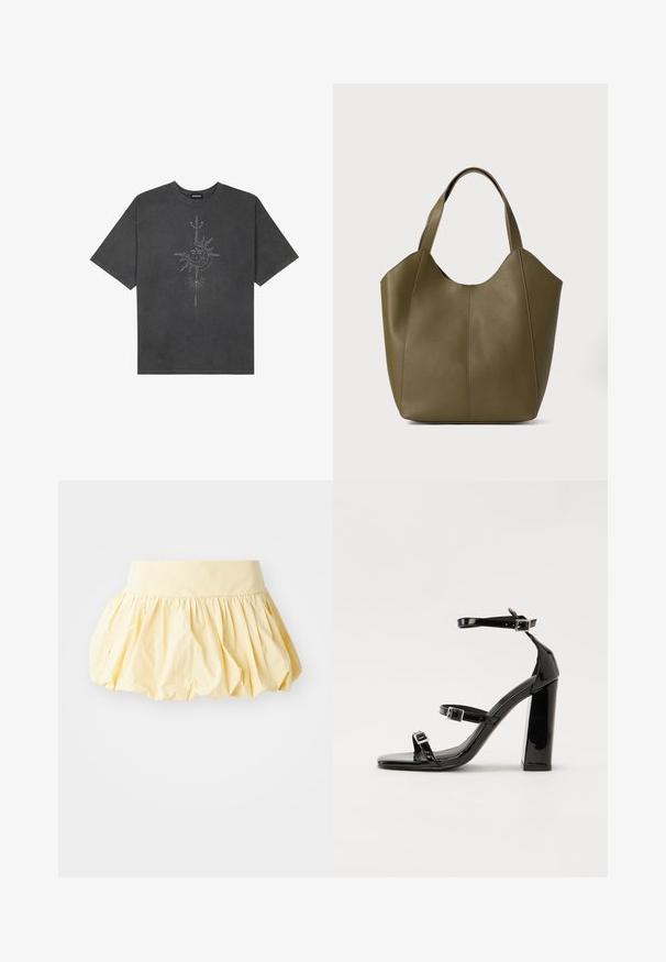 T-shirt oversized cinza escuro feito de algodão, apresentando um gráfico central do sol com detalhes de linhas intrincadas impressos na frente.; Saia de algodão amarela com um design volumoso e pregueado, e uma cintura larga. A textura suave e o tecido leve conferem uma aparência casual.; Sandálias de tacão preto laqueadas com bico quadrado, tiras para o tornozelo e fivelas prateadas. Apresentam um salto bloco chunky para estabilidade.; Bolsa tote em pele verde oliva com alças duplas, textura suave e design em quatro painéis. Costura reforçada nas costuras para maior durabilidade.