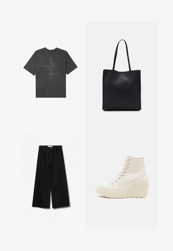 Sötétszürke, nagy méretű pamut póló, középen nap motívummal, aprólékos vonal részletekkel nyomtatva elöl.; Bershka WIDE-LEG - Széles szárú - black; Fehér vászon magasszárú sportcipők, wedges talppal, fém fűzőlyukakkal, kerek orral és texturált gumitalppal.; Fekete bőrtáska sima felszínnel, téglalap alakú, két hosszú füllel. Nincs látható fémkiegészítő vagy díszítés.