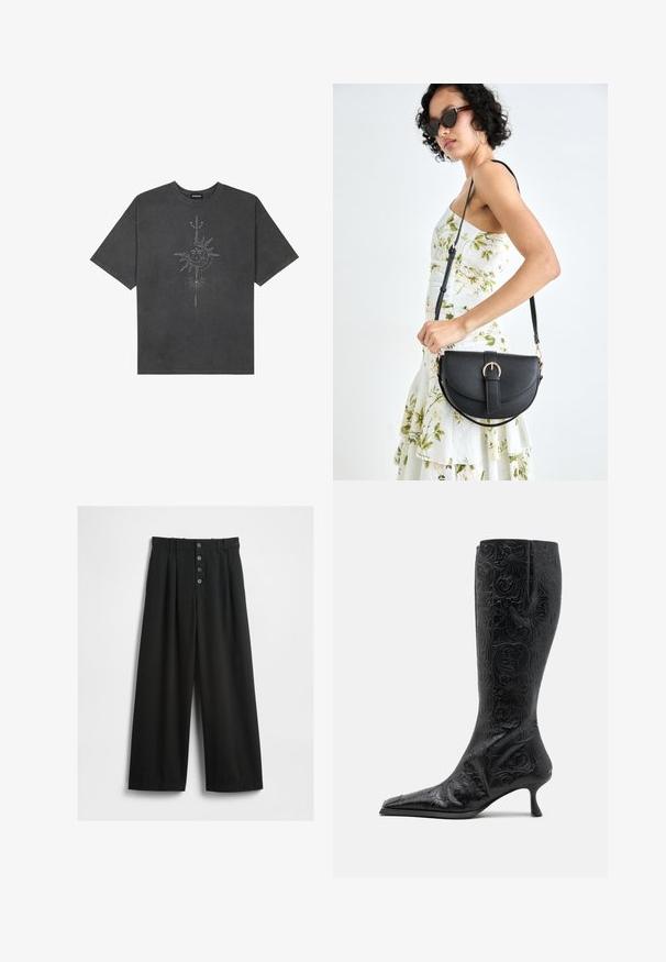 Ciemnoszara, oversize koszulka wykonana z bawełny, z centralnym nadrukiem graficznym słońca z misternymi detalami na przedzie.; Szerokie czarne spodnie wykonane z teksturowanej tkaniny. Posiadają wysoki stan, zapięcie na pięć guzików z przodu oraz prasowane fałdy dla dodatkowego detalu.; MIISTA ALFREDA czarny; Czarna skórzana torebka o zakrzywionym kształcie, z odpinanym paskiem i złotymi akcentami. Torebka posiada klapę z zapięciem w kształcie klamry.