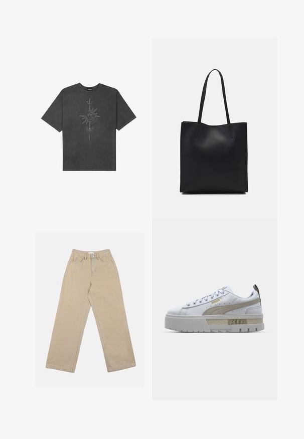 T-shirt oversized cinza escuro feito de algodão, apresentando um gráfico central do sol com detalhes de linhas intrincadas impressos na frente.; Calças largas em beje feitas de denim, apresentando uma cintura alta, bolsos frontais e costura em contraste. O design inclui um fecho com botão.; Sapatilha branca com uma faixa bege proeminente, sola grossa cinza e detalhes em dourado. Apresenta atacadores redondos e uma aba de língua texturizada com a marca.; Bolsa tote preta em couro com textura lisa, forma retangular e duas alças longas. Sem hardware ou enfeites visíveis.