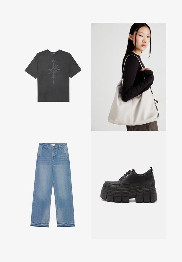Tricou oversized de culoare gri închis, realizat din bumbac, având un grafic central cu soare, cu detalii complexe imprimat pe față.; Jeans din denim de culoare albastră deschisă, cu croială largă și talie înaltă, având buzunare frontale și închidere cu nasture, finisate cu un tiv brut.; Pantofi sport pe platformă negri cu superior din piele netedă, închidere cu șireturi, talpă groasă din cauciuc și detaliu de branding pe lateral.; Geantă bej din material moale, cu un design lejer, detalii cusute și două bretele pentru umăr. Potrivită pentru utilizarea zilnică.