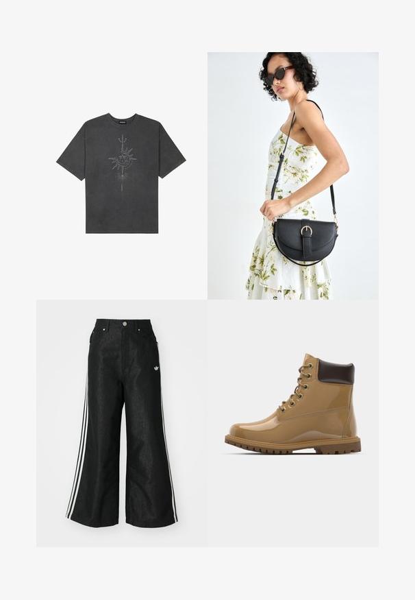 T-shirt oversize grigio scuro in cotone, con una grafica centrale di un sole con dettagli intricati stampati sul davanti.; Pantaloni in denim neri a gamba larga con tre strisce bianche su ciascun lato e un piccolo logo bianco. Presentano tasche frontali e chiusura con bottone.; Stivali alla caviglia in vernice tan con accenti marroni, punta tonda, sei occhielli in metallo, lacci marroni e suola in gomma testurizzata.; Borsa a tracolla nera in pelle con una forma curva, manico rimovibile e accessori dorati. La borsa presenta una patta con un dettaglio a fibbia.