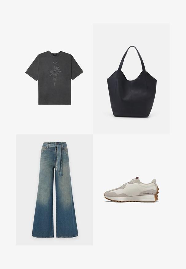Ciemnoszara, oversize koszulka wykonana z bawełny, z centralnym nadrukiem graficznym słońca z misternymi detalami na przedzie.; Szerokie spodnie dżinsowe z gradientem od jasnoniebieskiego do ciemnoniebieskiego, wysokim stanem, szlufkami na pasek oraz pasującym paskiem z tkaniny. Teksturowany wykończenie dżinsu.; Niskoprofilowy beżowo-kremowy sneaker New Balance z gumową podeszwą i wiązanym fasonem, prezentowany na tle białym z widokiem na zewnętrzny profil.; Czarna torba na ramię wykonana z gładkiej skóry, z zaokrąglonym, otwartym topem i dwoma paskami na ramię oraz minimalistycznym designem.