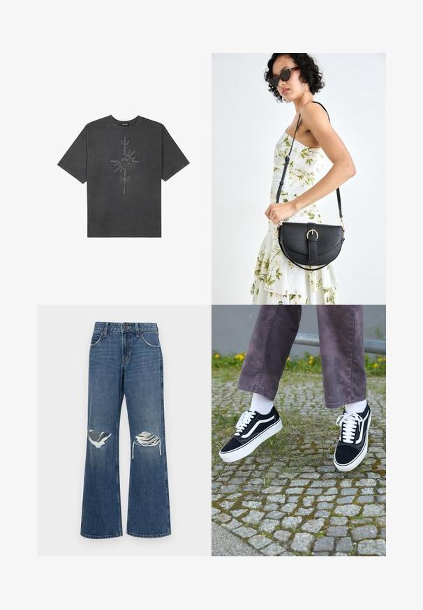 Tricou oversized de culoare gri închis, realizat din bumbac, având un grafic central cu soare, cu detalii complexe imprimat pe față.; Jeans din denim cu picior larg, de culoare albastru deschis, cu rupturi distorsionate la genunchi, margini brute la tiv și un design clasic cu cinci buzunare, închidere cu buton metalic.; Adidași negri din suede cu accente albe, având vârful rotunjit, talpă groasă albă și un design clasic cu șireturi, purtați cu șosete albe și pantaloni mov.; Geantă din piele neagră, cu o formă curbată, curea detașabilă și accesorii aurii. Geanta are un capac cu un detaliu tip cataramă.