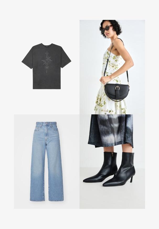 T-shirt oversized cinza escuro feito de algodão, apresentando um gráfico central do sol com detalhes de linhas intrincadas impressos na frente.; Jeans de cintura alta e perna larga em azul claro, com fecho frontal de botão e zíper, bolsos frontais e traseiros, sobre um fundo branco.; Botas de pele pretas até ao tornozelo com biqueira apontada e fecho com zipper na lateral, finalizadas com um salto afunilado. Textura suave e design elegante.; Bolsa de couro preta com forma curva, alça destacável e detalhes em dourado. A bolsa possui uma aba com detalhe de fivela.