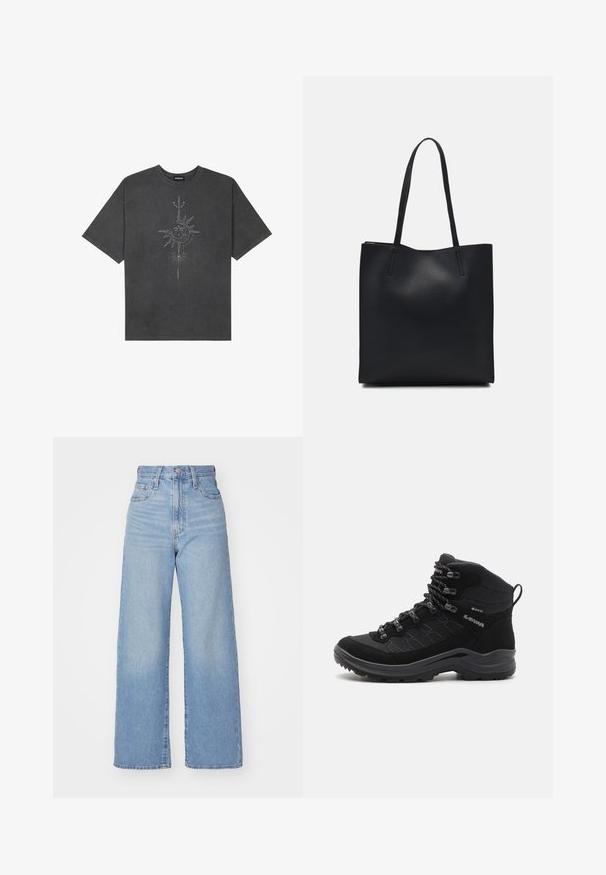 T-shirt oversized cinza escuro feito de algodão, apresentando um gráfico central do sol com detalhes de linhas intrincadas impressos na frente.; Jeans de cintura alta e perna larga em azul claro, com fecho frontal de botão e zíper, bolsos frontais e traseiros, sobre um fundo branco.; Bota de caminhada preta, feita de camurça e malha, com um design de tornozelo alto, superfície texturizada, ganchos de metal para os atacadores e sola de borracha.; Bolsa tote preta em couro com textura lisa, forma retangular e duas alças longas. Sem hardware ou enfeites visíveis.