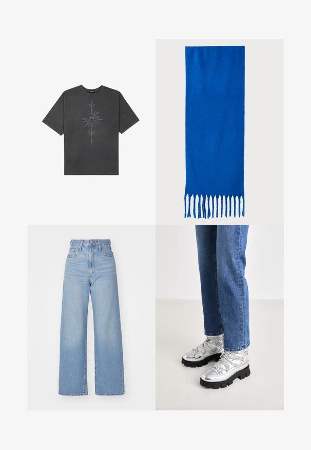 Mørkegrå oversized t-skjorte laget av bomull, med et sentralt solmotiv med intrikate linjedetaljer trykket på forsiden.; Lys blå høytlivs vide jeans med knapp- og glidelås lukking foran, foran og bak lommer, på en hvit bakgrunn.; Metalliske sølv ankelstøvler med en røff svart såle, med polstret overdel og snøring, kombinert med blå rettskårne jeans.; Blå frynset skjerf laget av myk stoff; har en ensfarget overflate med en teksturert overflate og jevnt klipte frynser nederst.; Svart lærveske med en buet form, avtagbar stropp og gullbeslag. Vesken har et klaff med spenne-detall.