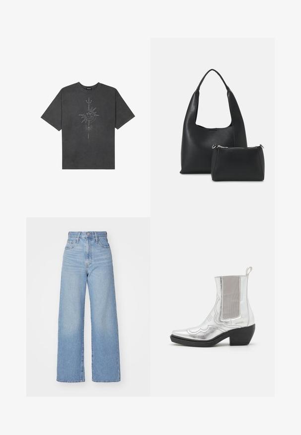 Σκοτεινό γκρι oversized μπλουζάκι φτιαγμένο από βαμβάκι, διαθέτοντας έναν κεντρικό γραφικό ήλιο με περίπλοκες λεπτομέρειες γραμμών εκτυπωμένες στο μπροστά μέρος.; Ανοιχτό μπλε ψηλόμεσα παντελόνια φαρδιές μπατζάκια με κλείσιμο μπροστά με κουμπί και φερμουάρ, μπροστά και πίσω τσέπες, σε λευκό φόντο.; Ασημένια μεταλλικά μποτάκια μέχρι τον αστράγαλο με μυτερές μύτες, υφή στο πάνω μέρος, ελαστικές πλαϊνές επικαλύψεις και sculpted μαύρο τακούνι. Διακοσμητικό μοτίβο ραφής.; Even&Odd SET - Τσάντα χειρός - black