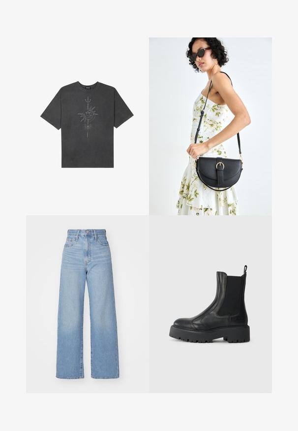 Tumši pelēks, pārspīlēts T-krekls, izgatavots no kokvilnas, ar centrālo saules grafiku ar sarežģītām līniju detaļām, kas izdrukātas priekšpusē.; Gaiši zili augstās jostas vidukļa platās bikses ar priekšējo pogu un rāvējslēdzēju, priekšējām un aizmugurējām kabatām uz baltā fona.; Melnas ādas potītes zābaki ar elastīgām sānu daļām, noapaļotu purngalu un masīvu teksturētu gumijas zoli. Aizdare aizmugurē.; Melnas ādas rokassoma ar izliekta formu, noņemamu siksnu un zelta aksesuāriem. Somai ir vāciņš ar sprādzes detaļu.