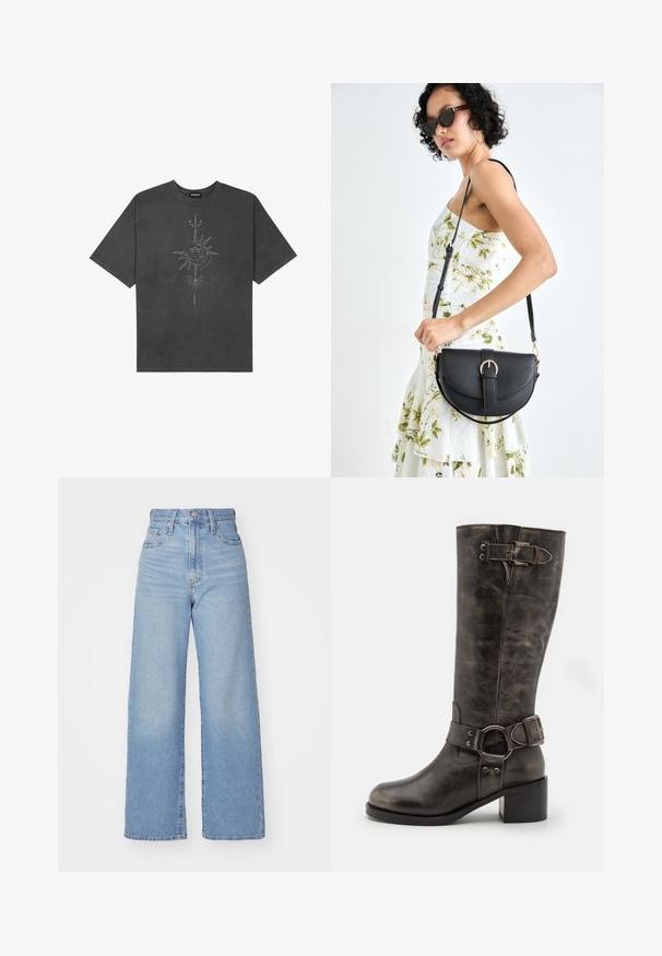 T-shirt surdimensionné gris foncé en coton, avec un graphisme central représentant un soleil, ornée de détails de lignes complexes imprimés sur le devant.; Jean large taille haute bleu clair avec bouton et fermeture éclair à l'avant, poches avant et arrière, sur fond blanc.; Botte en cuir noir jusqu'au genou avec un large talon bloc, arborant une boucle et une sangle à la cheville ainsi qu'une finition texturée.; Sac à main en cuir noir avec une forme courbée, bandoulière amovible et des accessoires en or. Le sac est doté d'un rabat avec un détail de boucle.