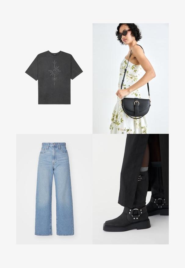 T-shirt oversized cinza escuro feito de algodão, apresentando um gráfico central do sol com detalhes de linhas intrincadas impressos na frente.; Jeans de cintura alta e perna larga em azul claro, com fecho frontal de botão e zíper, bolsos frontais e traseiros, sobre um fundo branco.; Botas de tornozelo pretas feitas de couro com acabamento mate, bico quadrado e fivelas decorativas. A sola é grossa e texturizada.; Bolsa de couro preta com forma curva, alça destacável e detalhes em dourado. A bolsa possui uma aba com detalhe de fivela.