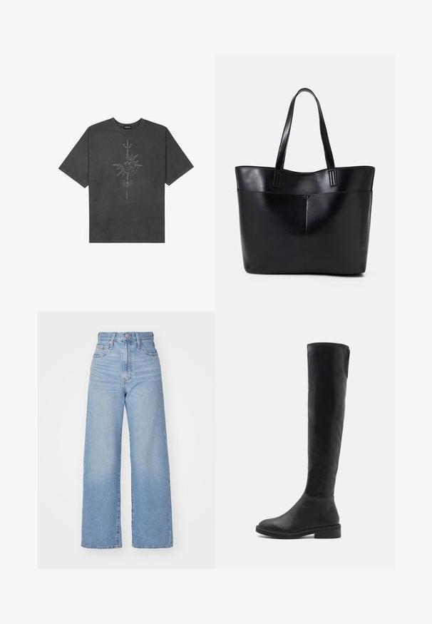 Dark gray oversized t-shirt made of cotton, featuring a central sun graphic with intricate line details printed on the front.; Light blue high-waist wide-leg jeans with front button and zip closure, front and back pockets, on a white background.; Black over-the-knee boot made of smooth faux leather with a rounded toe, low block heel, and contrasting stitching along the top edge.; Black leather tote bag with two long handles, a smooth texture, and a structured shape. Features a front pocket for additional storage.