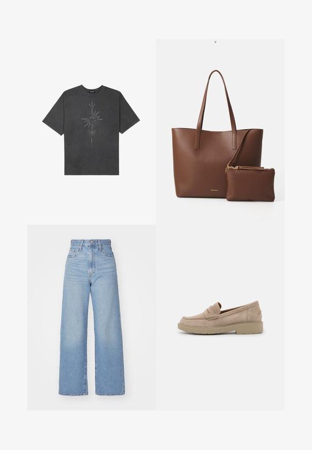 Mörkgrå överdimensionerad t-shirt i bomull, med en central solgrafik med intrikata linjedetaljer tryckta på framsidan.; Ljusblå högmidjade vida jeans med knapp- och dragkedjestängning, fram- och bakfickor, mot en vit bakgrund.; Beiga mockasiner i mocka med rund tå, dekorativ sömnad och en låg, kraftig gummisula för komfort och stabilitet.; Brun fusk läder tote-väska med två långa handtag och en matchande liten påse. Ytan har ett strukturerat mönster och guldiga detaljer.