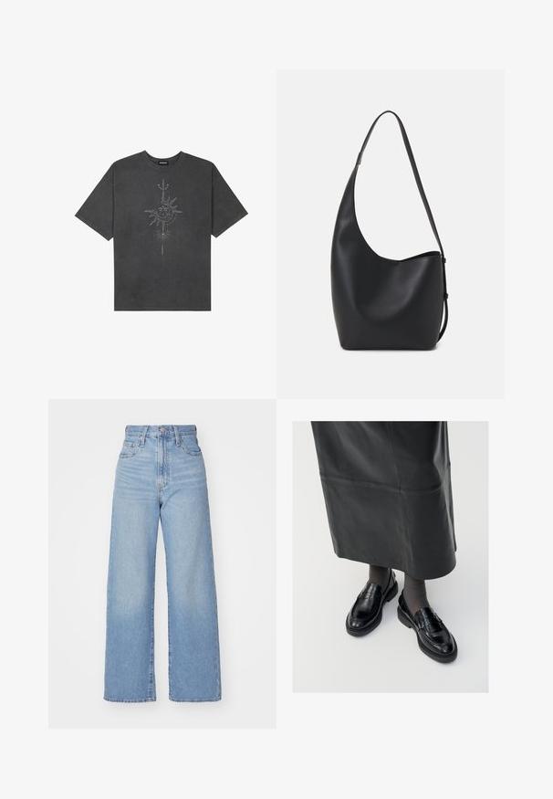 Dark gray oversized t-shirt made of cotton, featuring a central sun graphic with intricate line details printed on the front.; Light blue high-waist wide-leg jeans with front button and zip closure, front and back pockets, on a white background.; Black leather loafers with a smooth finish, featuring a decorative strap, round toe, and textured sole. Worn with a long black leather skirt.; Black leather hobo bag with a smooth texture, curved shape, and single adjustable strap; features a wide opening at the top.