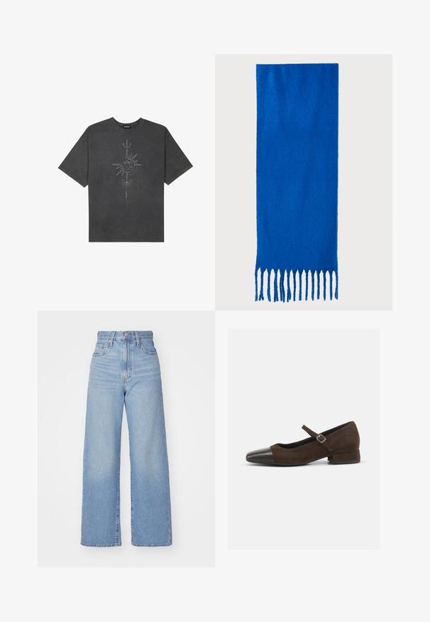 T-shirt oversized cinza escuro feito de algodão, apresentando um gráfico central do sol com detalhes de linhas intrincadas impressos na frente.; Jeans de cintura alta e perna larga em azul claro, com fecho frontal de botão e zíper, bolsos frontais e traseiros, sobre um fundo branco.; Sapatilha Mary Jane em camurça castanha com biqueira em pele envernizada preta, tira ajustável e um salto bloco baixo. Textura suave com mínimos detalhes.; Cachecol azul com franjas, feito de tecido macio; apresenta uma cor sólida com uma superfície texturizada e franjas cortadas de forma uniforme na parte inferior.