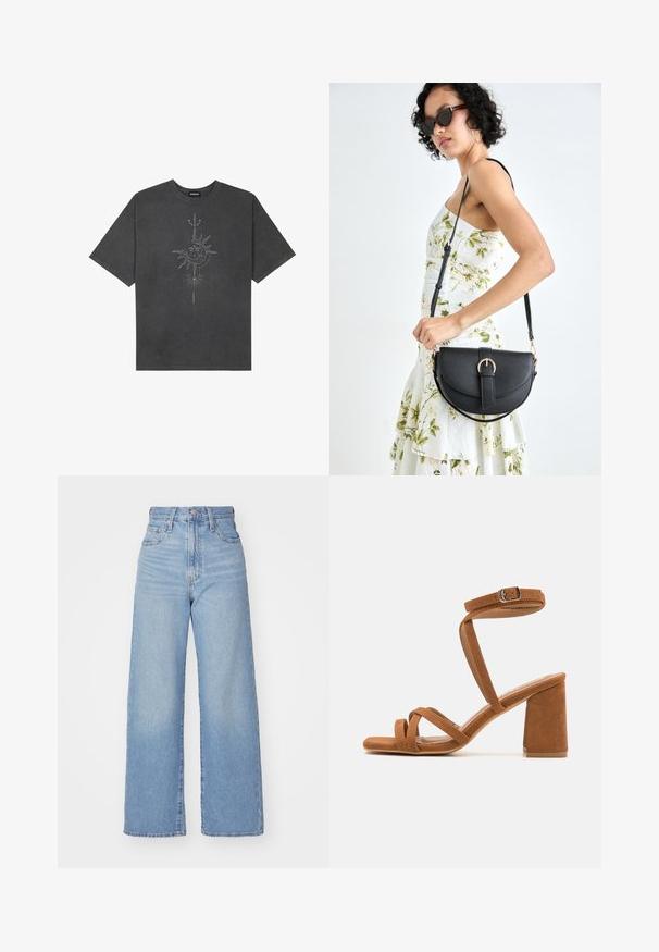 T-shirt oversize grigio scuro in cotone, con una grafica centrale di un sole con dettagli intricati stampati sul davanti.; Jeans a vita alta blu chiaro con gamba larga, chiusura frontale con bottone e zip, tasche anteriori e posteriori, su uno sfondo bianco.; Sandali con tacco in finta suede marrone, dotati di un largo tacco quadrato, molteplici cinturini incrociati e una fibbia regolabile alla caviglia. Texture morbida, design con punta aperta.; Borsa a tracolla nera in pelle con una forma curva, manico rimovibile e accessori dorati. La borsa presenta una patta con un dettaglio a fibbia.