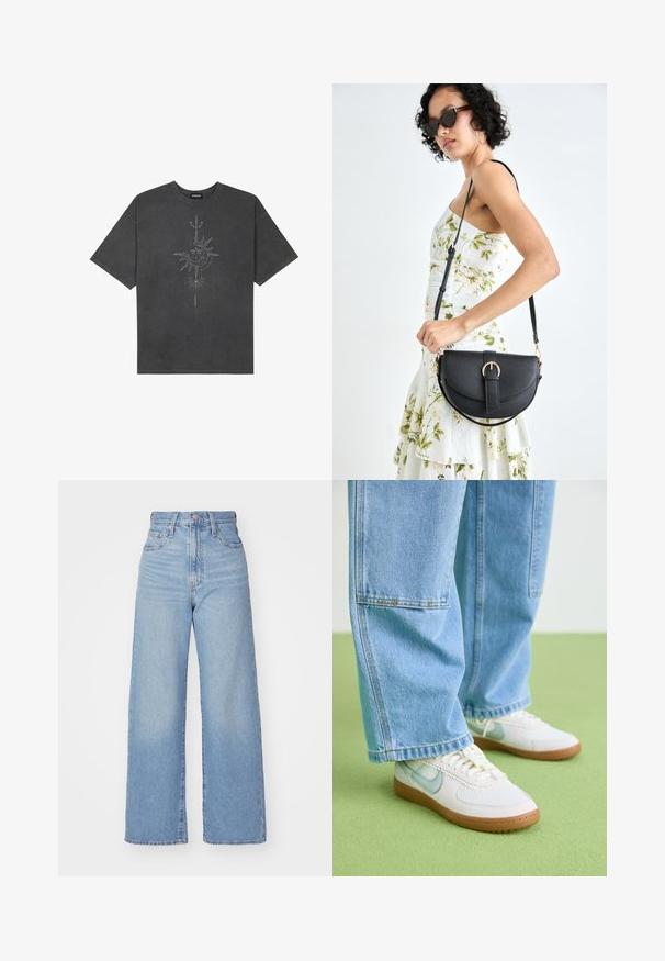 Dark gray oversized t-shirt made of cotton, featuring a central sun graphic with intricate line details printed on the front.; Light blue high-waist wide-leg jeans with front button and zip closure, front and back pockets, on a white background.; White sneakers with light blue accents, textured mesh upper, and tan rubber sole, paired with loose light blue denim jeans.; Black leather handbag with a curved shape, detachable strap, and gold hardware. The bag features a flap with a buckle detail.