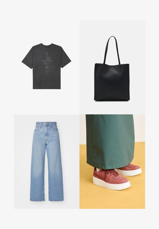 T-shirt oversized cinza escuro feito de algodão, apresentando um gráfico central do sol com detalhes de linhas intrincadas impressos na frente.; Jeans de cintura alta e perna larga em azul claro, com fecho frontal de botão e zíper, bolsos frontais e traseiros, sobre um fundo branco.; Nike Sportswear AF1 SAGE - Sapatilhas - red sepia; Bolsa tote preta em couro com textura lisa, forma retangular e duas alças longas. Sem hardware ou enfeites visíveis.