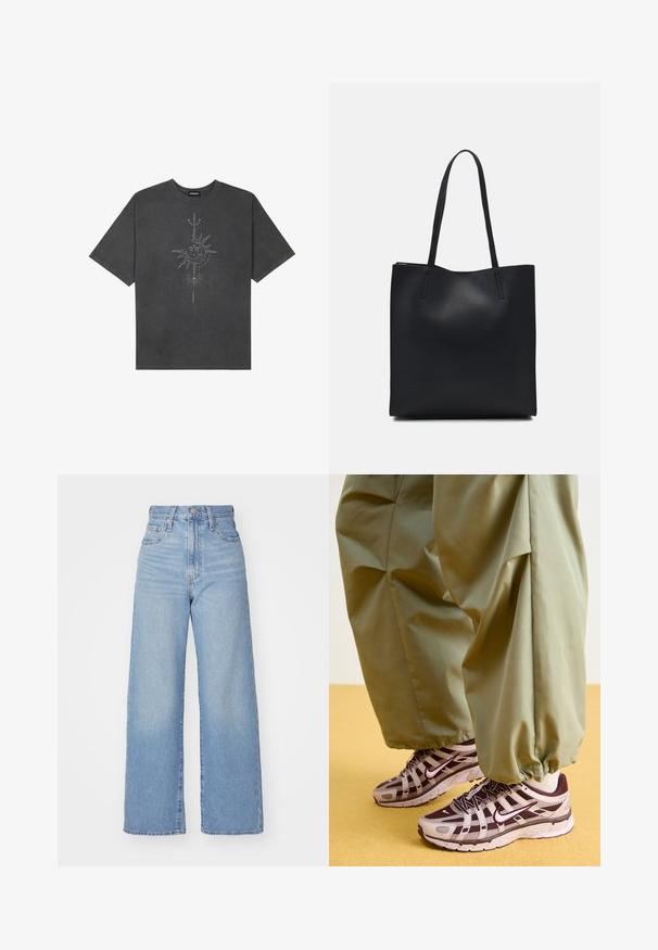 T-shirt oversized cinza escuro feito de algodão, apresentando um gráfico central do sol com detalhes de linhas intrincadas impressos na frente.; Jeans de cintura alta e perna larga em azul claro, com fecho frontal de botão e zíper, bolsos frontais e traseiros, sobre um fundo branco.; Ténis desportivos com um design cinza e roxo escuro, apresentando um cabedal em malha, tiras de suporte e sola de borracha, combinados com calças verdes largas.; Bolsa tote preta em couro com textura lisa, forma retangular e duas alças longas. Sem hardware ou enfeites visíveis.