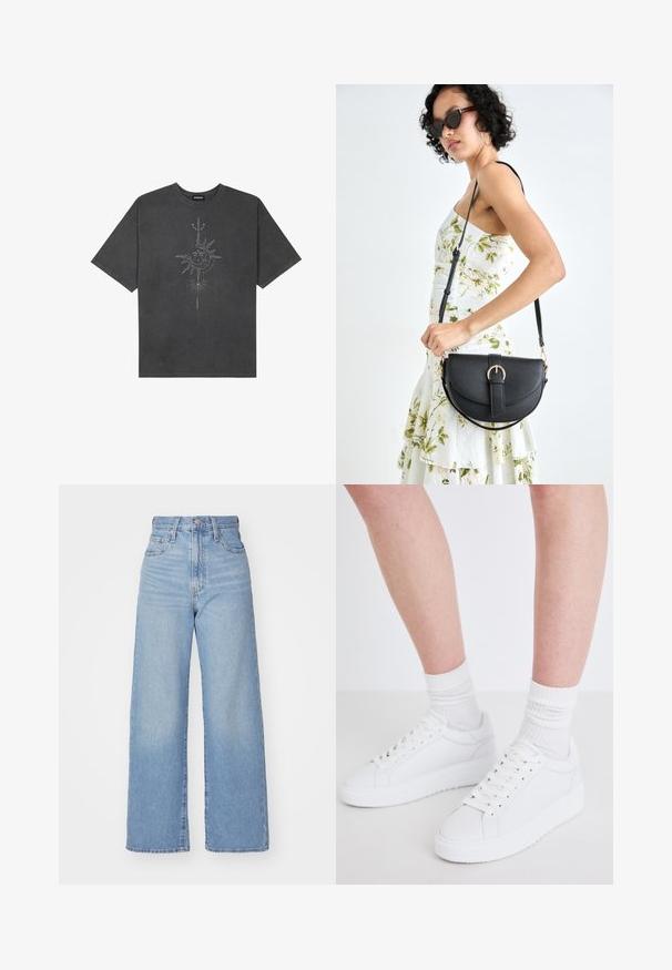 Tumehall pehmea t-särk, mis on valmistatud puuvillast, esiküljel on keeruliste joontega trükitud keskmine päikesegraafika.; Heledad sinine kõrge vöökohaga laiad teksad, ees nupp ja tõmblukk, ees ja taga taskud, valge tausta peal.; Copenhagen Studios CPH72 - Tossud - white; Mustmust mustraha kõverate joontega, eemaldatava rihmaga ja kuldsete detailidega. Kotil on klapp, millel on pandladetail.