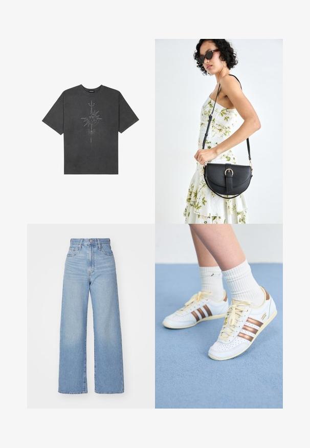 Tumehall pehmea t-särk, mis on valmistatud puuvillast, esiküljel on keeruliste joontega trükitud keskmine päikesegraafika.; Heledad sinine kõrge vöökohaga laiad teksad, ees nupp ja tõmblukk, ees ja taga taskud, valge tausta peal.; Valged sneakerid pronksistriipudega, tekstureeritud nahast, kollaste paeltega ja perforeeritud detailidega. Kandmine valgete sooniklepetega sokkide peal pehme sinise pinna kohal.; Mustmust mustraha kõverate joontega, eemaldatava rihmaga ja kuldsete detailidega. Kotil on klapp, millel on pandladetail.