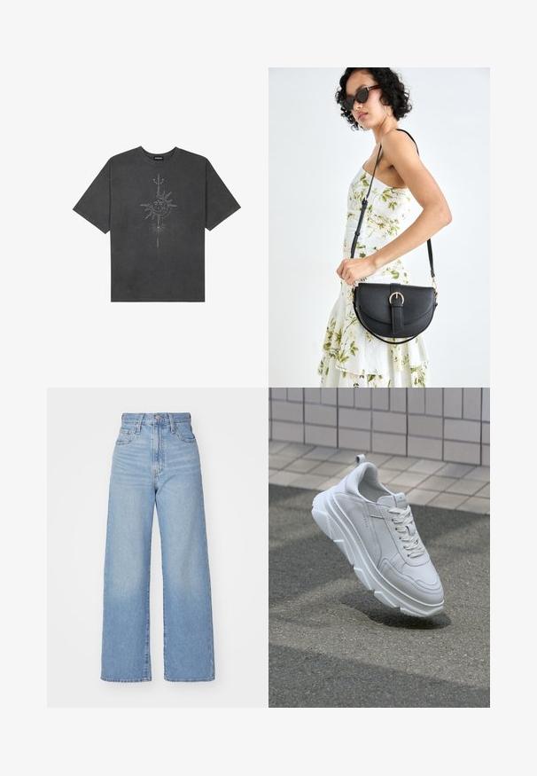 Mørkegrå oversized t-shirt lavet af bomuld, med et centralt solgrafik med indviklede linjedetaljer trykt på forsiden.; Lyseblå højtaljede bukser med bred benåbning, med frontknap og lynlås, samt for- og baglommer, på en hvid baggrund.; Hvide lædersneakers med en tyk, tekstureret gummisål, der har snørebåndslukning og syninger. Rund tå og design med ankelstøtte.; Sort læderhåndtaske med en buet form, aftagelig rem og guldfinish. Tasken har en klap med en spænde detalje.