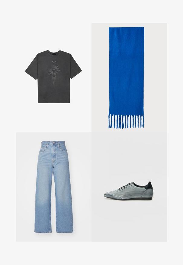 Dark gray oversized t-shirt made of cotton, featuring a central sun graphic with intricate line details printed on the front.; Light blue high-waist wide-leg jeans with front button and zip closure, front and back pockets, on a white background.; Light gray leather sneaker with a sleek design, featuring stitched detailing, black laces, and a dark heel accent. Rubber sole.; Blue fringed scarf made of soft fabric; features a solid color with a textured surface and evenly cut fringe at the bottom.; Black leather handbag with a curved shape, detachable strap, and gold hardware. The bag features a flap with a buckle detail.