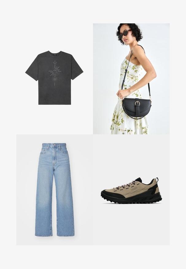 T-shirt oversize grigio scuro in cotone, con una grafica centrale di un sole con dettagli intricati stampati sul davanti.; Jeans a vita alta blu chiaro con gamba larga, chiusura frontale con bottone e zip, tasche anteriori e posteriori, su uno sfondo bianco.; Scarpa da trekking bassa beige e nera con suola resistente, lacci rosa e linguetta sul tallone, progettata per l'uso all'aperto.; Borsa a tracolla nera in pelle con una forma curva, manico rimovibile e accessori dorati. La borsa presenta una patta con un dettaglio a fibbia.