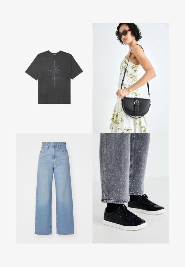 Ciemnoszara, oversize koszulka wykonana z bawełny, z centralnym nadrukiem graficznym słońca z misternymi detalami na przedzie.; Jasnoniebieskie jeansy z wysokim stanem i szerokimi nogawkami, z zapięciem na guziki i zamek z przodu, przednie i tylne kieszenie, na białym tle.; Czarne skórzane trampki z białymi gumowymi podeszwami i teksturowanymi akcentami. Połączone z szarymi dżinsami ozdobionymi srebrnymi kropkami.; Czarna skórzana torebka o zakrzywionym kształcie, z odpinanym paskiem i złotymi akcentami. Torebka posiada klapę z zapięciem w kształcie klamry.