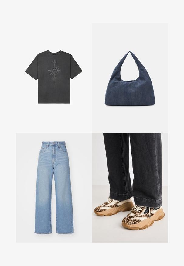 Mørkegrå oversized t-skjorte laget av bomull, med et sentralt solmotiv med intrikate linjedetaljer trykket på forsiden.; Lys blå høytlivs vide jeans med knapp- og glidelås lukking foran, foran og bak lommer, på en hvit bakgrunn.; Leopardmønstret sneakers med net- og læderpaneler, tan gummi ydersål og kontrasterende sorte detaljer. Båret med løstsiddende mørke jeans.; Mørkeblå denimveske med en myk, slapp form, som har en hobo-stil håndtak og en teksturert overflate. Ingen synlige maskinvaredetaljer.