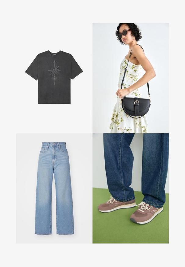 Dark gray oversized t-shirt made of cotton, featuring a central sun graphic with intricate line details printed on the front.; Light blue high-waist wide-leg jeans with front button and zip closure, front and back pockets, on a white background.; Brown and mauve athletic shoes with white laces and a beige sole. Worn with blue denim jeans, set against a green surface.; Black leather handbag with a curved shape, detachable strap, and gold hardware. The bag features a flap with a buckle detail.