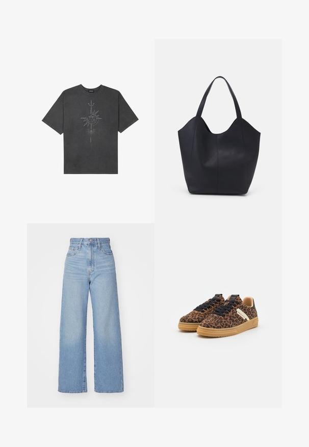 Tumehall pehmea t-särk, mis on valmistatud puuvillast, esiküljel on keeruliste joontega trükitud keskmine päikesegraafika.; Heledad sinine kõrge vöökohaga laiad teksad, ees nupp ja tõmblukk, ees ja taga taskud, valge tausta peal.; Pruun leopardimustriga tossud mustade paeltega, beežide kummitaldadega ja valgete külgaktsentidega valgel taustal.; Must must kinnas must rinna, millel on kaarjas avatud ülemine osa, kaks õlarihma ja minimalistlik disain.